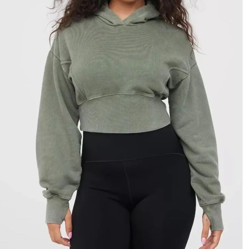Aerie Offline Throw Back Cropped Olive Green Hoodie